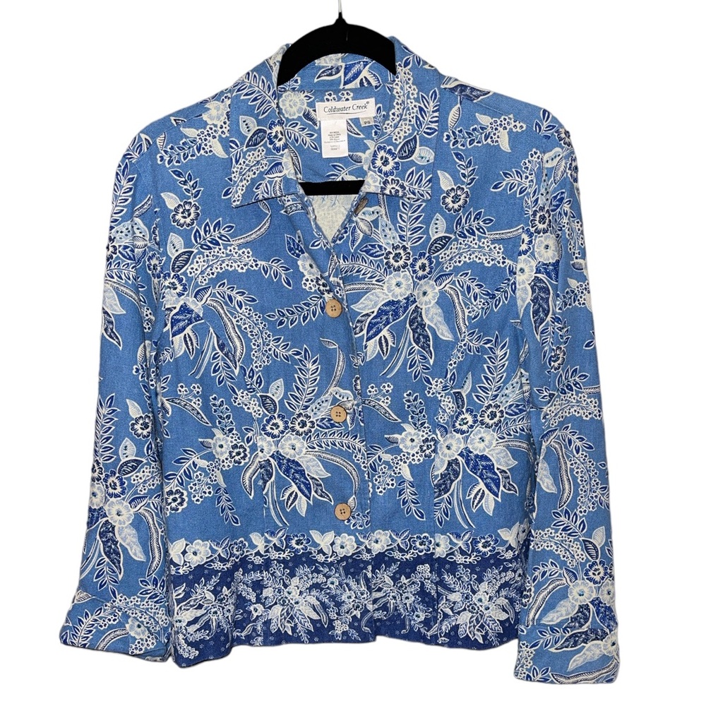 Coldwater Creek Women's Jacket Size S Petite Blue Floral Button Up Long Sleeves - Picture 1 of 12